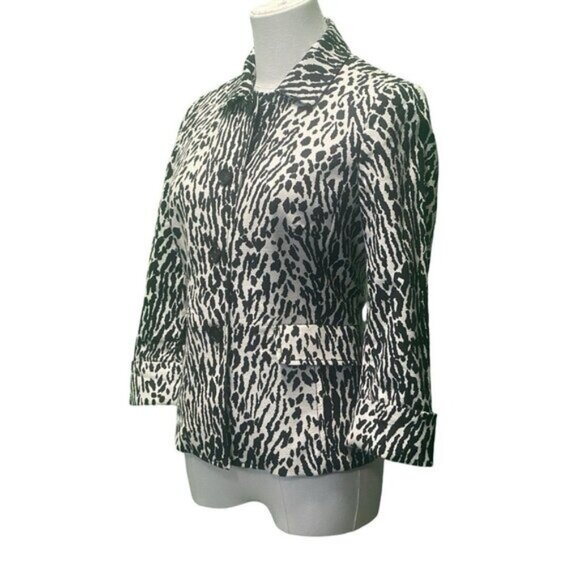 Talbots Black Animal Print Cotton Blend Button Front Collared Jacket Size 6P - Picture 2 of 6
